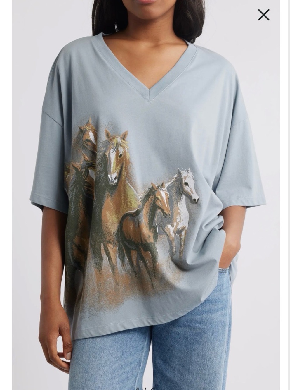 Daydreamer Wild Horses Oversize V-Neck Cotton Graphic T-Shirt